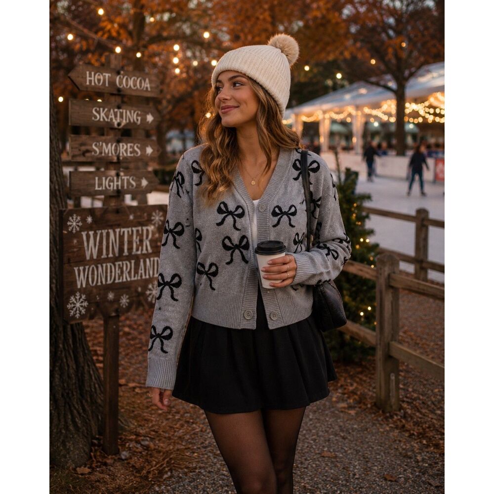 Nikka K Gray Bow Cardigan Sweater Women's Medium Button Front